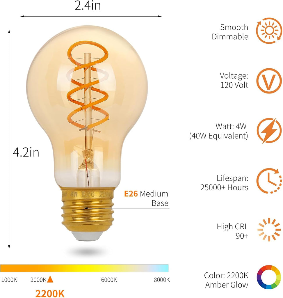Vintage Edison LED Light Bulbs A19, E26 Base, Dimmable 4W 2200K Candlelight Warm Glow, 300 Lumens 40 Watt Equivalent