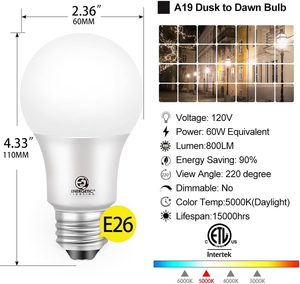Energetic 4-Pack Dusk to Dawn LED Outdoor Light Bulb, 60 Watt Equivalent(6W), 800LM, Daylight 5000K, E26 Base