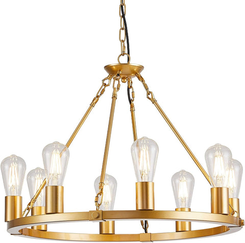 Gold Wagon Wheel Chandelier, 8 Lights Dining Room Light Fixture,23.6" Golden Metal Kitchen Island Lighting Round Pendant Light Hanging Lamp for Foyer Living Room Entryway,Height Adjustable,E26 A105-B0D78CMMRJ