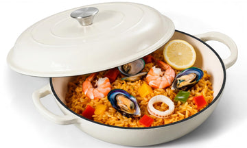 3.6QT Enameled Cast Iron Skillets Braiser Pan with Lid, Cream White