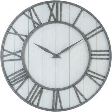 Farmhouse Metal & Solid Wood Noiseless Wall Clock (Whitewash, 36-inch)