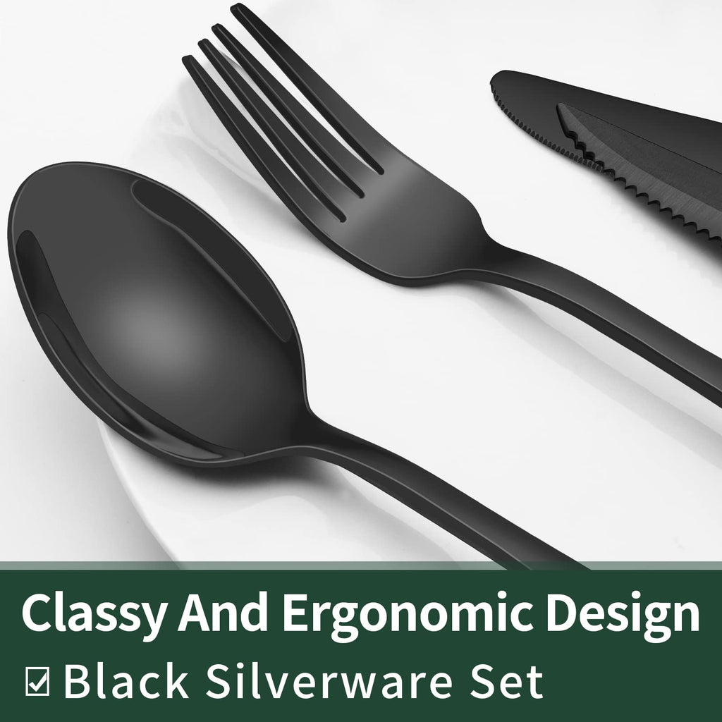 Black Silverware Set with Steak Knives, Black Flatware Set for 4, Food-Grade Stainless Steel Tableware