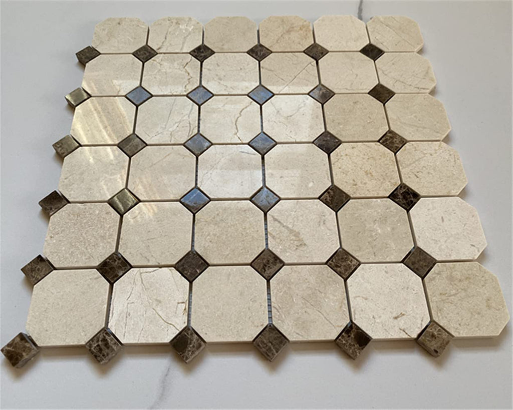 Crema Marfil Marble 2 inch Octagon Mosaic Tile w/Emperador Dark Brown Dots Polished Kitchen Bath Wall Floor