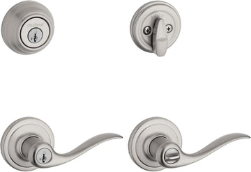 991 Tustin Entry Lever and Single Cylinder Deadbolt Combo Pack featuring SmartKey in Satin Nickel - Door Lever