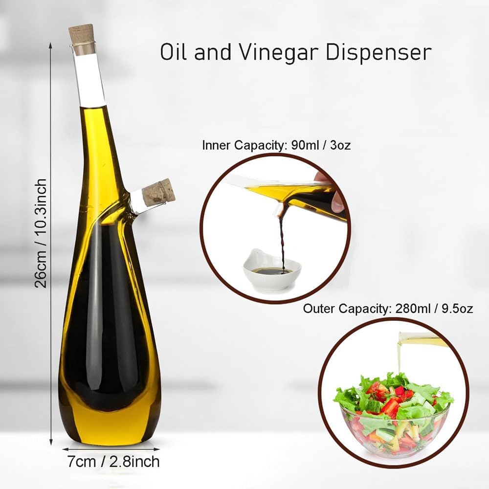 Oil and Vinegar Dispenser Set, 2 in 1 Olive Oil and Vinegar Cruet Dispenser Bottle with Cork Stoppers, Transparent