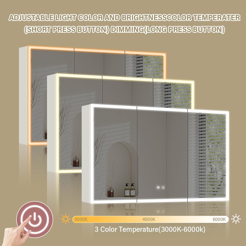 White LED Mirror Medicine Cabinets, Surface Mounted 40 x 24 Inch Bathroom Mirror Cabinet with Lights 3 Colors