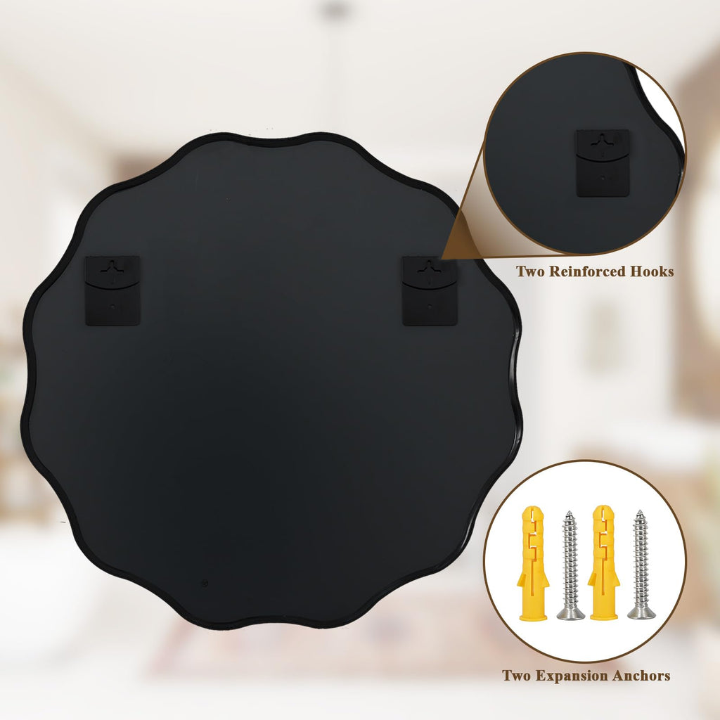 Black Scalloped Circle Mirror, 36" Wavy Edge Round Wall Mirror