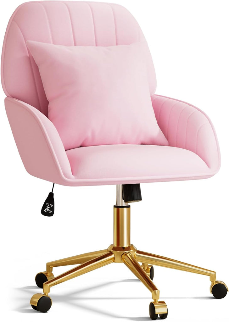 Pink Velvet Desk Chair with Pillow, Upholstered Home Office Desk Chair Makeup Vanity Chair with Swivel Wheels
