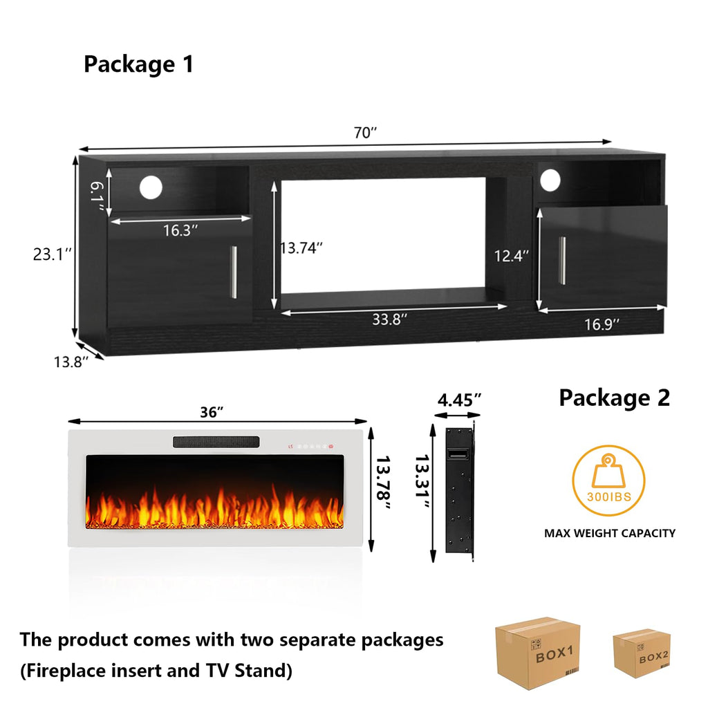 70", Modern LED Light Entertainment Center with Storage and 36" Fireplace, Media TV Console for TVs Up to 80", Fire