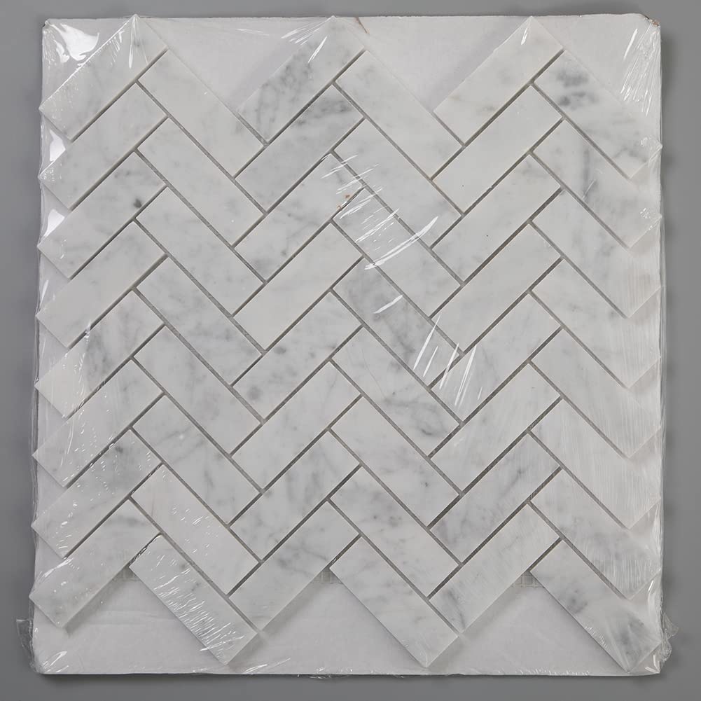 Carrara White Marble Mosaic Tile, Polished Herringbone Italian Bianco Marble Tile for Shower Kitchen Wall Bathroom