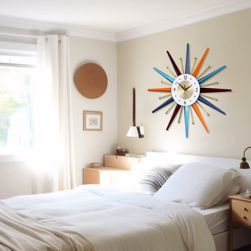 Large Wall Clock 22 Inch Modern Wall Clock Starburst Mid-Century Modern Decor Non-Ticking Battery Operated Colorful