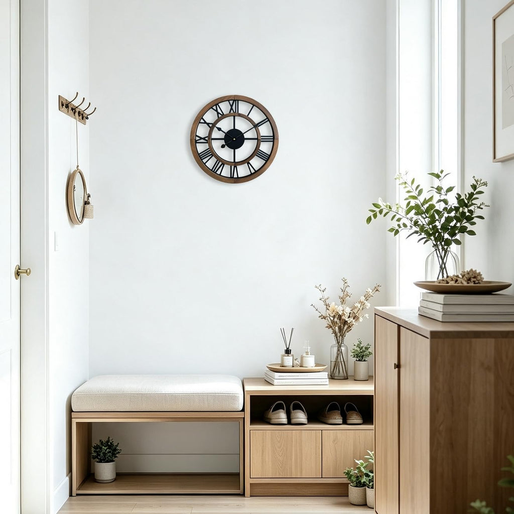 16 Inch Rustic Wall Clock Silent Non-Ticking Wooden Wall Clocks with Roman Numerals Farmhouse Decorative Clock