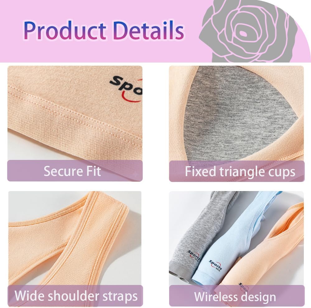 Teen Girls Sports Bras 6Pack Cotton Underwear and Wire-Free Bra for Kids