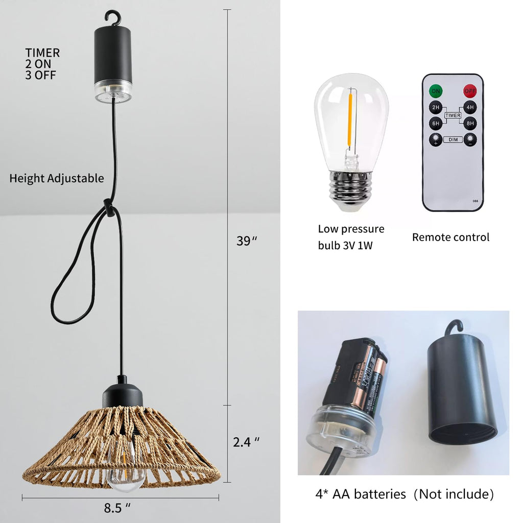 Battery Operated Hanging Outdoor Chandelier, Gazebo Lights Outdoor Pendant Light with Remote Control, 4*AA Battery