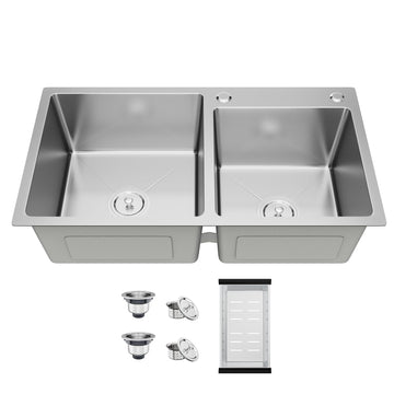 Modern Nano-Coated 30.7x16.9 Inch Stainless Steel, Drop in & Topmount Double Bowl Sinks with Drain&Fruit Baskets