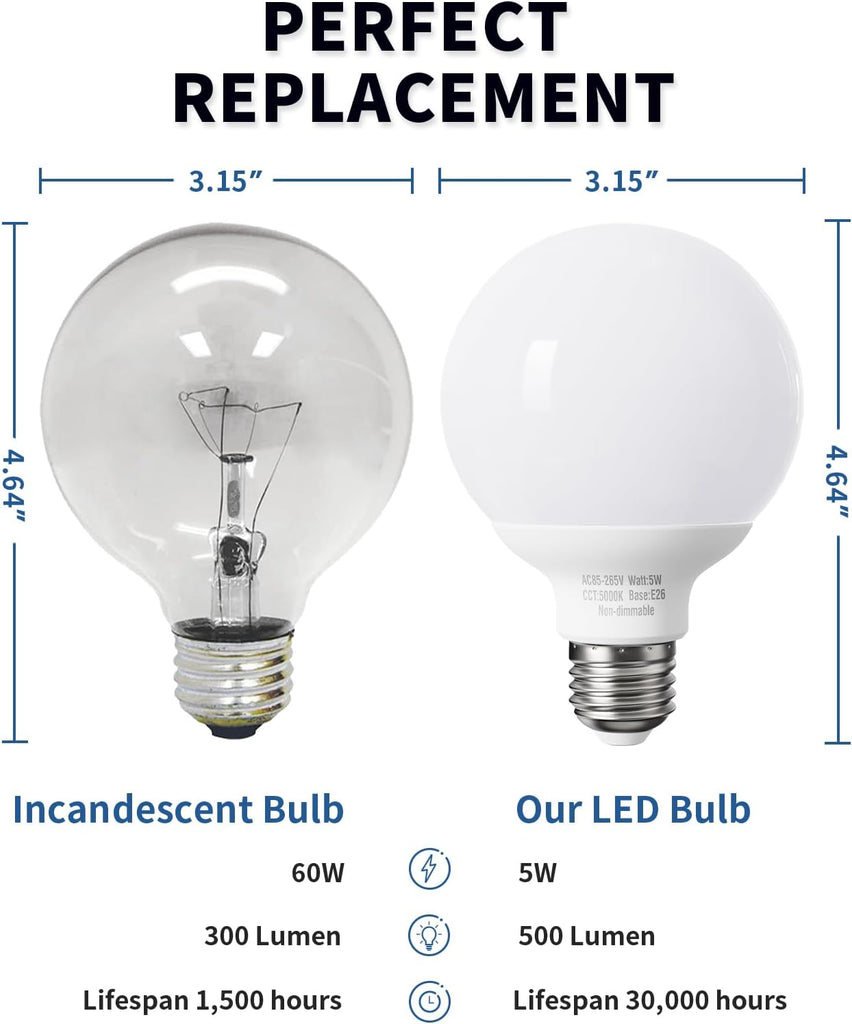 Daylight LED Globe Light Bulbs, 60 watt Equivalent, E26 Base