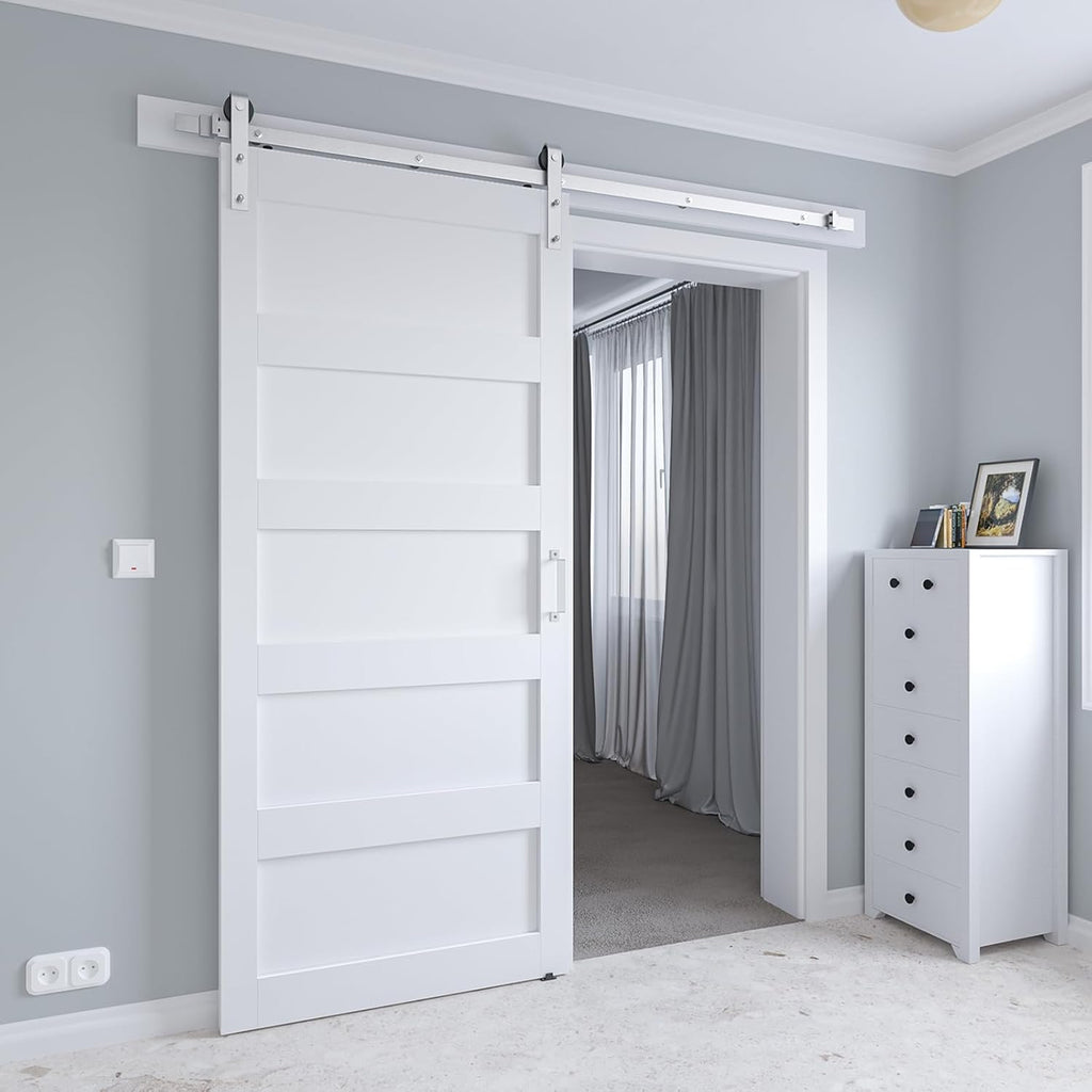 36in x 84in White Sliding Barn Door with 6.6ft Brushed Nickel Hardware Kit & Handle - 5-Panel, Water-Proof PVC