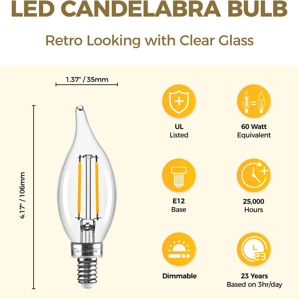 Candelabra Light Bulbs 60W Eq 2700K, Dimmable E12 Bulb, 24 Pack