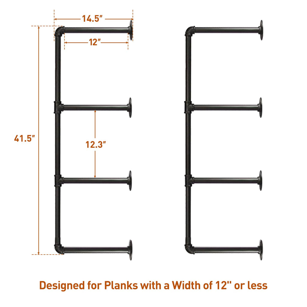 Industrial Iron Pipe Shelves, 2 Set 4-Tier 41.5" Tall 12" Depth, DIY Open Bookshelf Bookcase, Wall Mounted Vintage