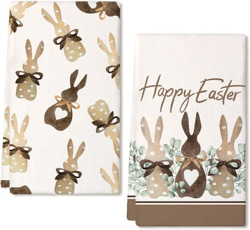 Easter Kitchen Towels,Beige Polka Dot Bunny Leaves Dish Towels 18x26 Inch Drying Dishcloth,Farmhouse Holiday - Set of 2