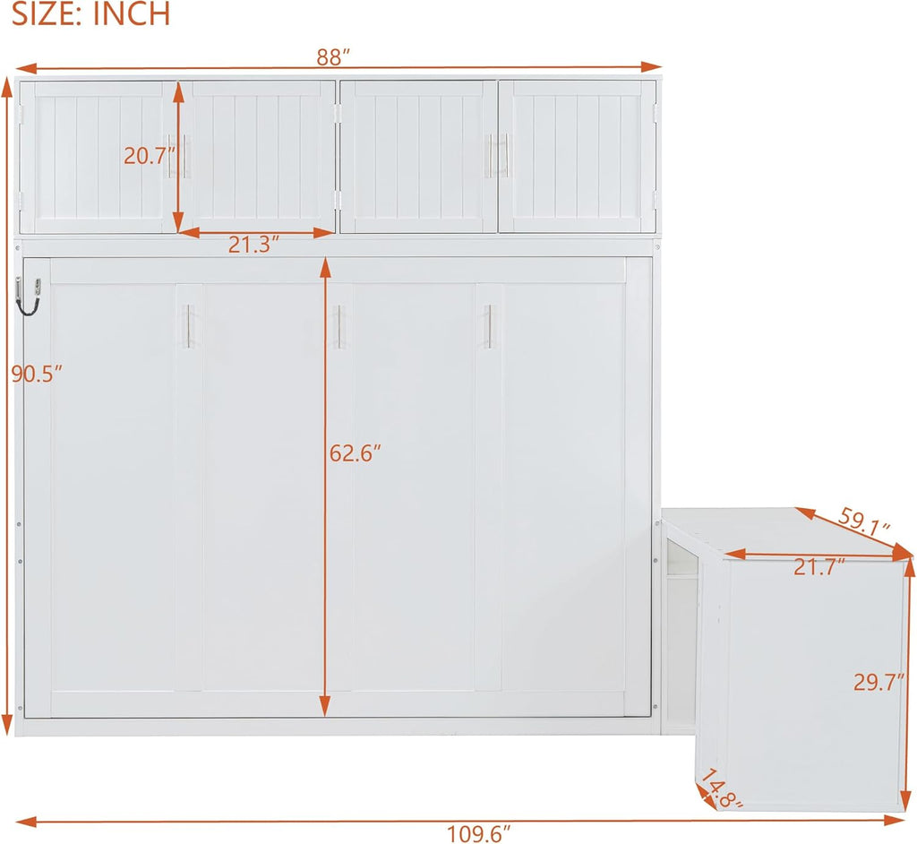 Queen Murphy Bed, Wooden Queen Wall Bed Frame with Desk and Storage Shelves and Big Cabinets, White