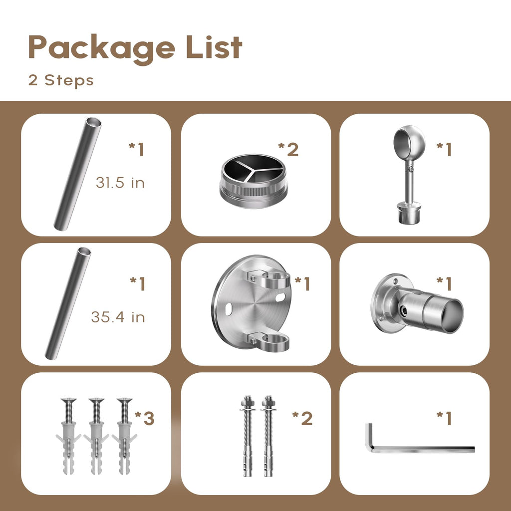 Hand Rails for Steps, 304 Stainless Steel 1-2 Step Single Post Handrail Side Mount Wall to Floor, Indoor Outdoor