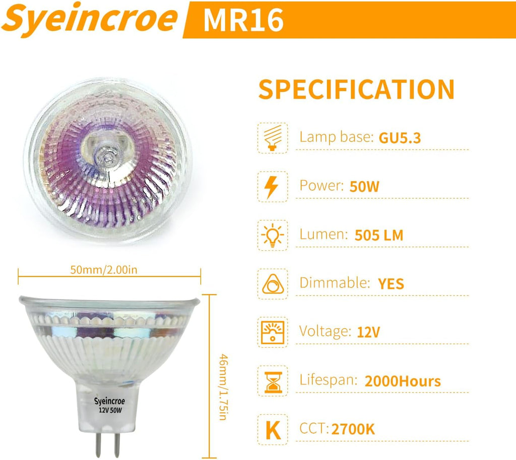 MR16 50W 12V Halogen Bulbs 6-Pack, Low Voltage Dimmable GU5.3 Base, for Low Voltage Landscape, Track & Display