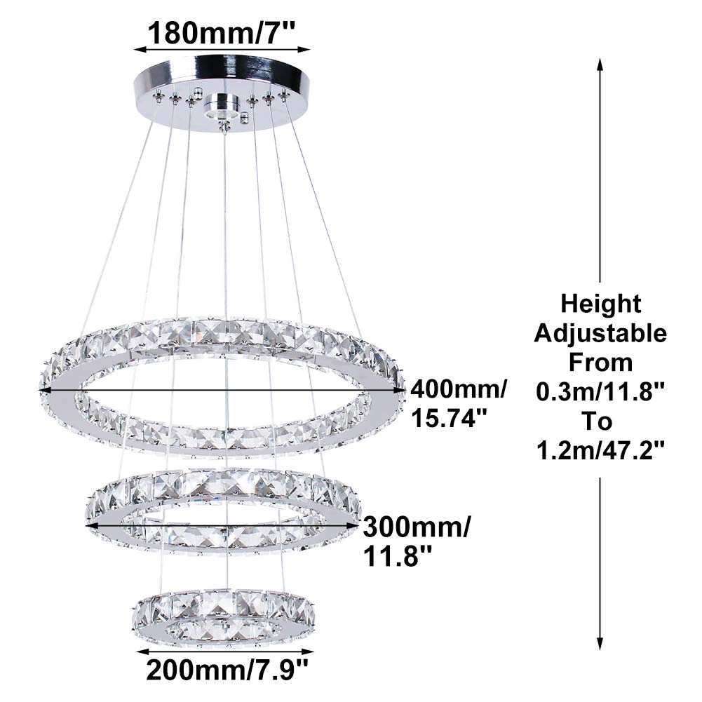 3-Ring Crystal Chandelier Adjustable 3CCT LED Pendant