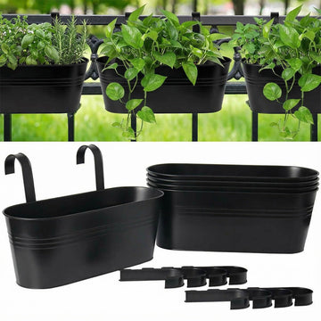 16 Inch Railing Planter Box, 5 Pack Large Metal Hanging Planters with Hooks