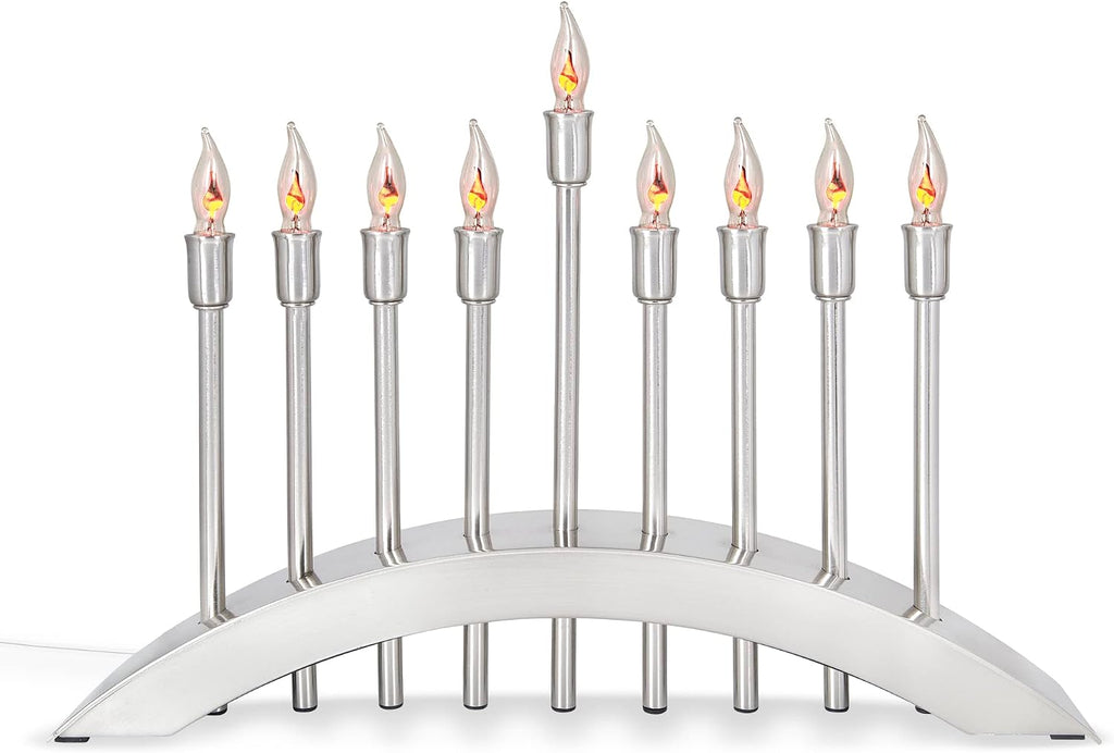 Hanukkah Electric Brushed Stainless Steel with Flickering Flame Bulbs Candles 9 Branch Hanukkiah for Chuanukah