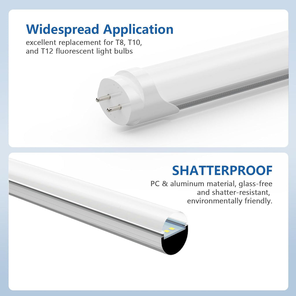 T8 LED Bulbs 4Ft, 24W 3120 Lumen, T10 T12 65W Equivalent Fluorescent Replacement, 6500K Cool White, Type A+B 4 Foot