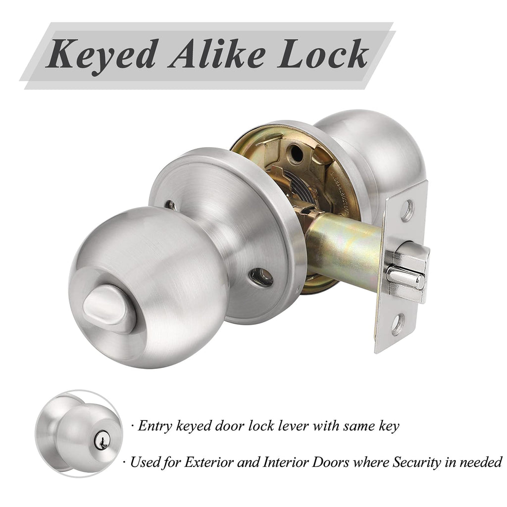 2 Pack Keyed Alike Door Knobs Combo Pack, Brushed Nickel Ball Entry Door Knobs Entrance Lockset, Interior Exterior