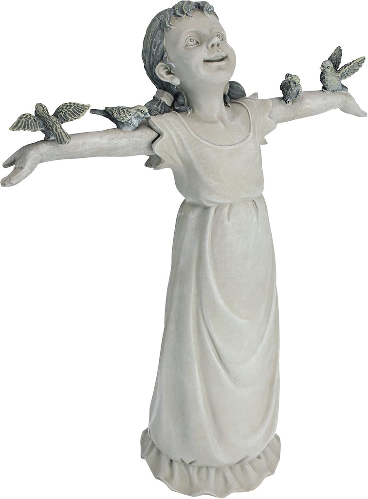 Basking in Glory Little Girl with Birds Outdoor Garden Statue, Medium, 16 inches tall, Cast Stone Resin, Two Tone