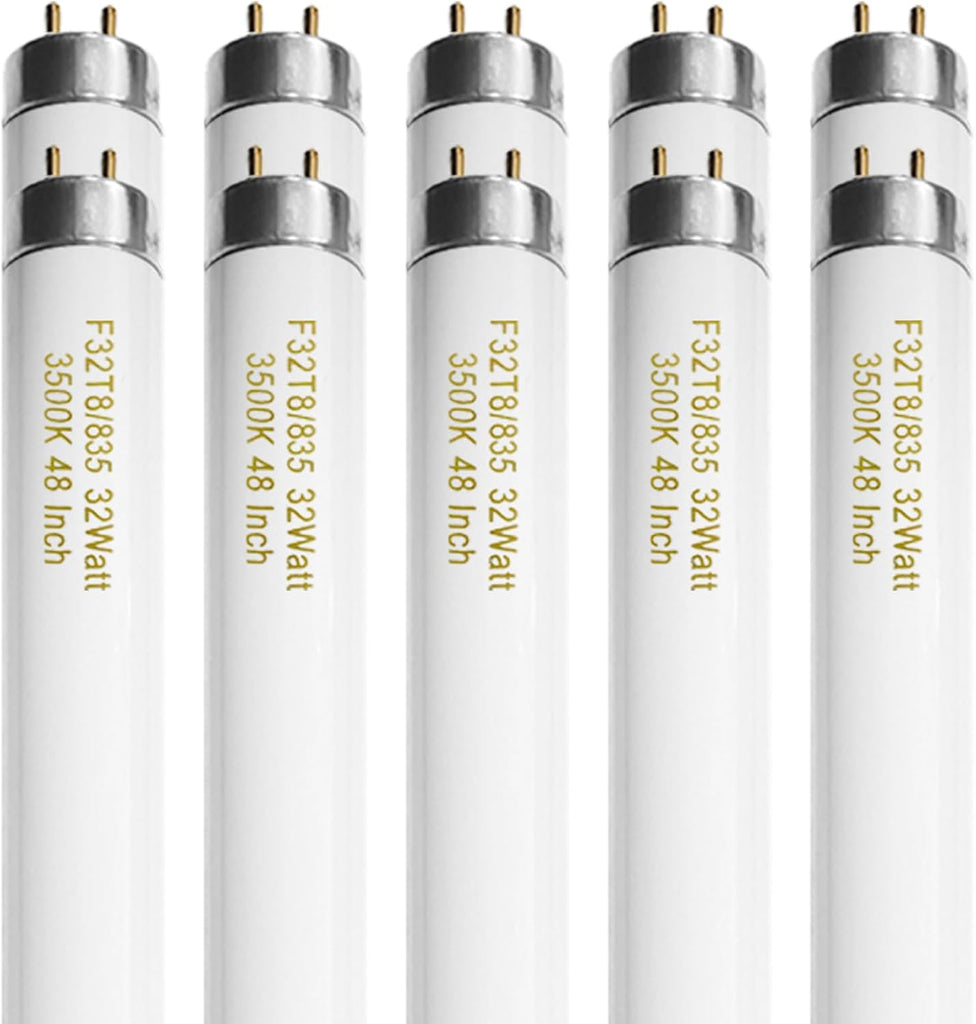 10 Pack, F32T8/835 32W T8 Fluorescent Tube Light Bulb 48 Inch, 3500K Warm White, 4 Foot Fluorescent Bulbs, G13 Medium
