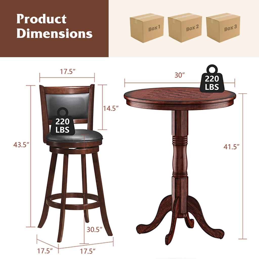 3 Piece Bar Table and Chairs Set, Round Counter Height Dining Table with Chessboard, 2 Upholstered Swivel Bar Stools