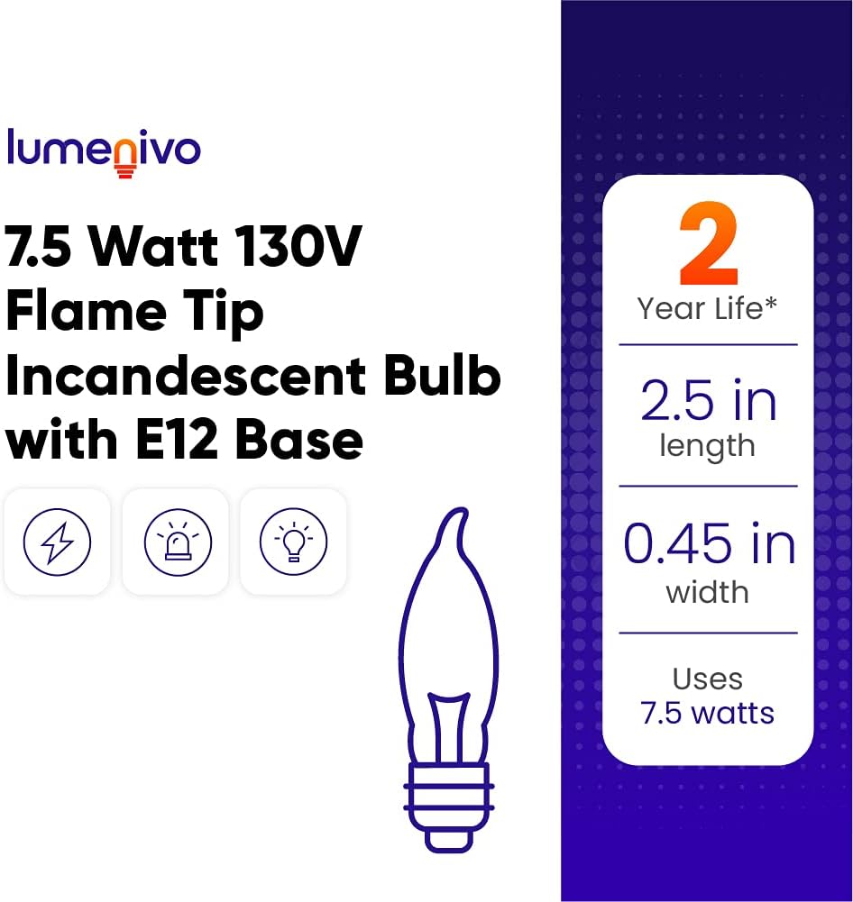 7.5 Watt Light Bulbs 120V/130V Bent Tip Candelabra, Flame - 1 Pack