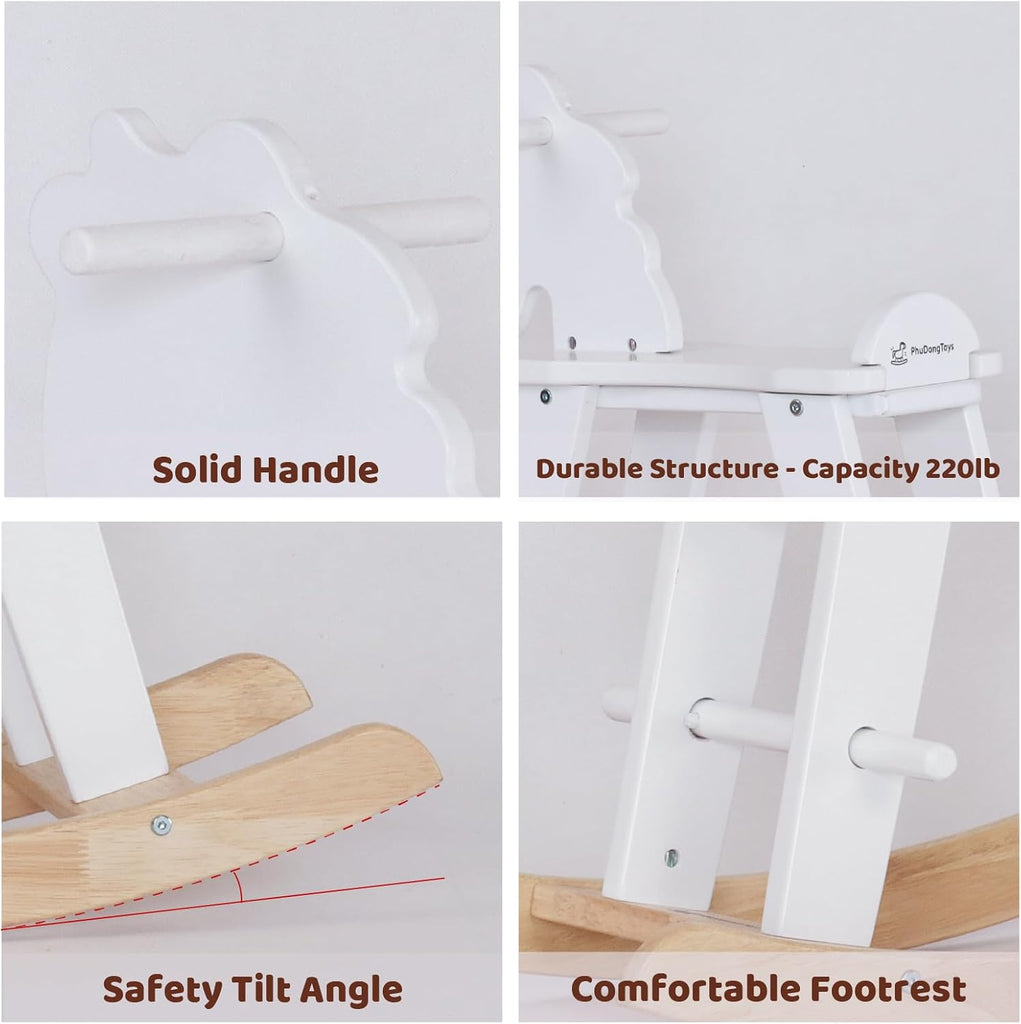 White Wooden Rocking Horse for Preschool (Ages 3-6) - Solid Rubber Wood, Safe & Comfortable Footrest, Supports