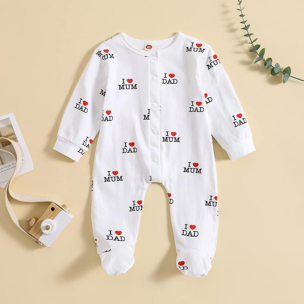 "I Love DAD Mum Lovely Solid Letters Printed Long-Sleeve Baby Jumpsuit