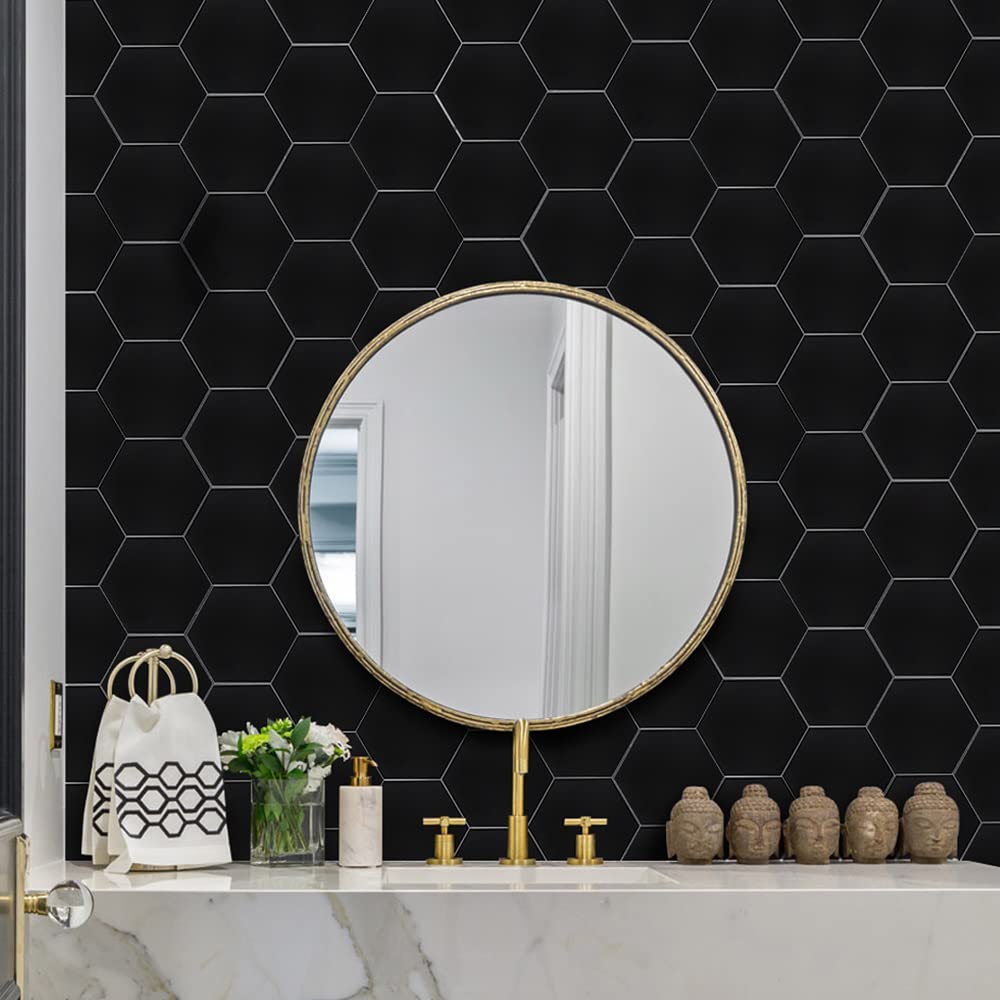 Black Peel and Stick Backsplash Hexagon Tile, Self Adhesive Kitchen Backsplash Aluminum Honeycomb Stick on Wall Tiles
