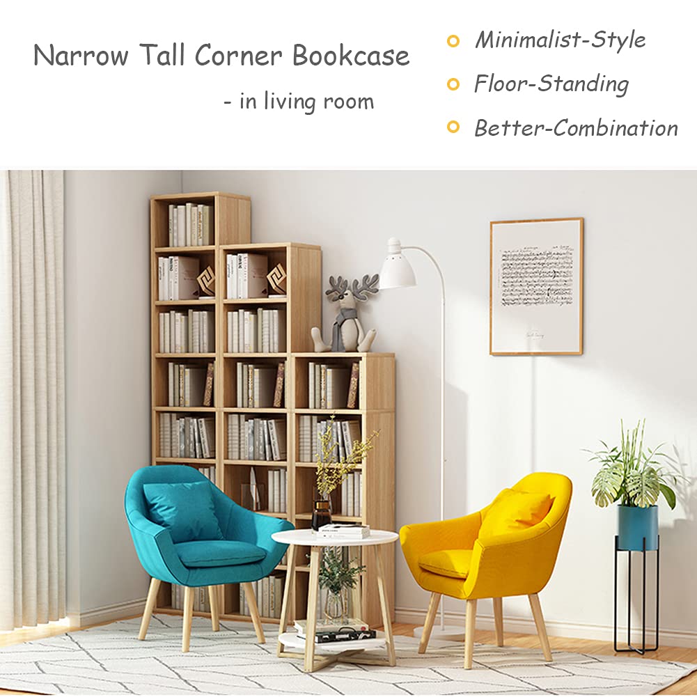 Small Narrow Corner Bookcase - 71" Tall Gap Storage Cabinet, Oak