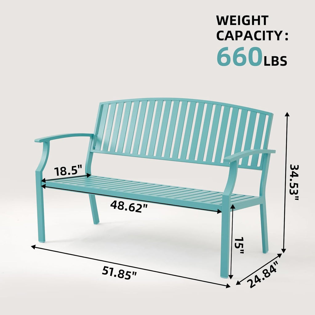 52" Outdoor Aluminum Garden Bench for 2, Weatherproof, Blue | waterproof rust-resistant metal bench supports up to
