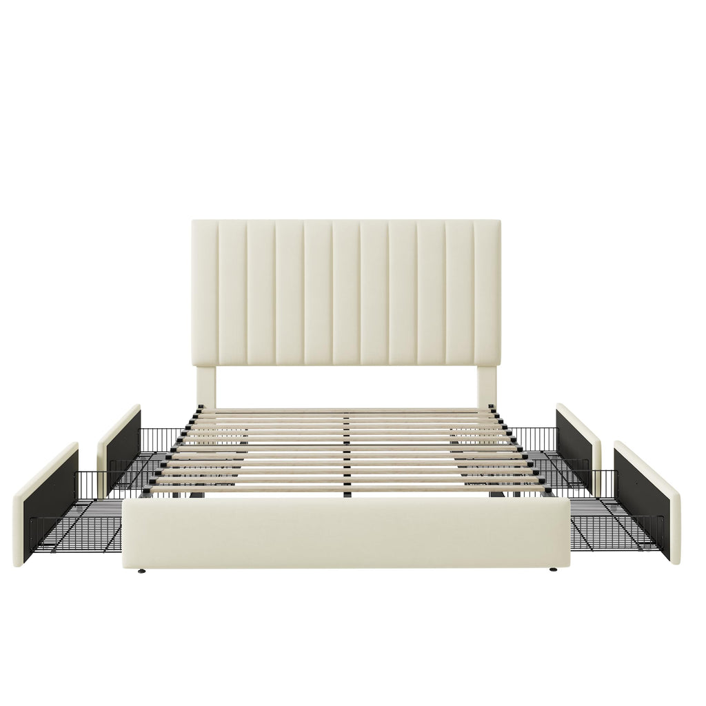 Full Size Storage Bed Frame, Vertical Channel Tufted Adjustable Headboard, Velvet Upholstered Platform Bed with 4