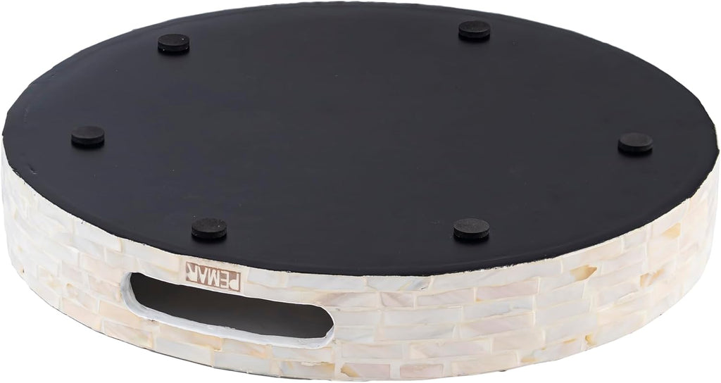12.6" Decorative Round Serving Tray, Mother of Pearls Inlaid Coffee Table Tray w Insert Handles,Nacred Wooden Ottoman