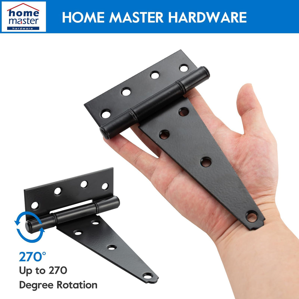 6" Stainless Steel Gate Hinges, Heavy Duty T Strap Hinges, Black, 4 Pack