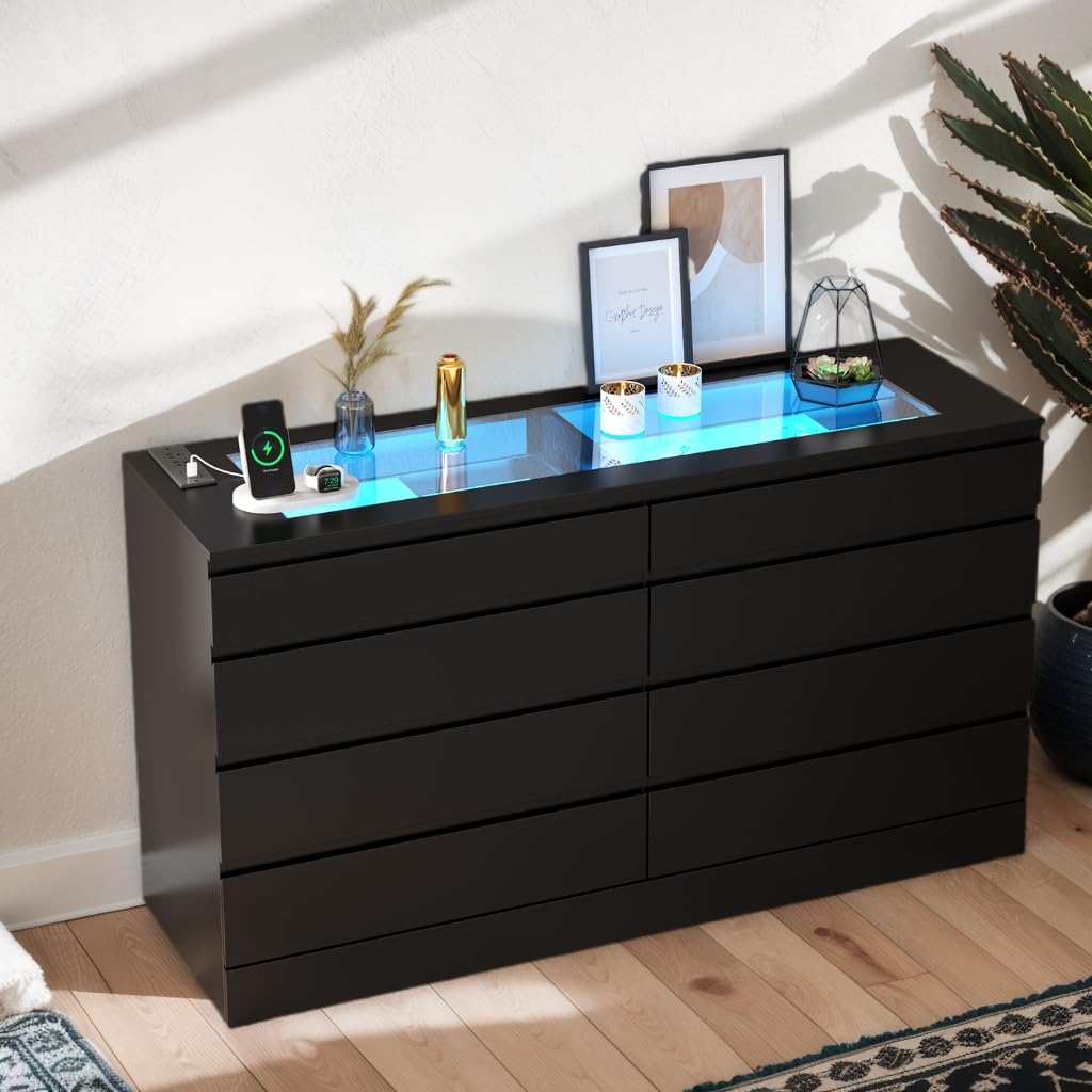 8 Drawer Dresser, White Dresser with Power Outlet & LED Lights