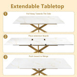 63"-79" Extendable Dining Table for 6-10 People, Modern Rectangle Extendable Kitchen Table with Gold Faux Marble