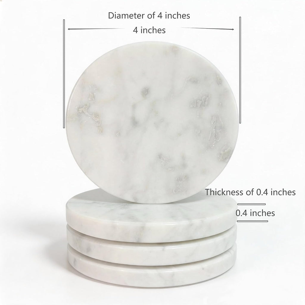 Natural White Marble Coasters 4-Piece Set, Round Coasters, 4 Inches Coffee Table Stone Coasters, Suitable for Coffee