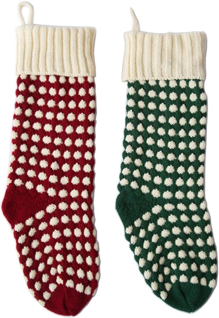 S ,18" Unique Burgundy and Green Knit Christmas Stockings Dots Style (Length 18",Pack 2) - Set of 2