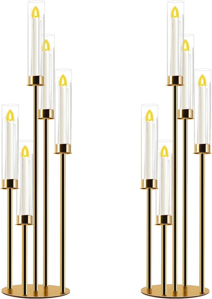 Candelabra Gold Centerpiece 5 Arms Taper Candle Holder Gold Centerpiece with Acrylic Tubes for Table Decoration