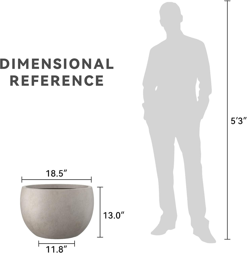 Large Round Bowl Weathered Concrete Planter 20" Dia, Outdoor | Rubber Plug for Indoor, Drainage for Garden
